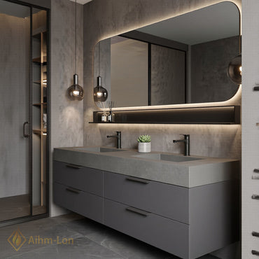 60''-96'' Double Bathroom Vanity with Sink Floating Wall Mounted Dark Stone Texture