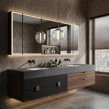60''-96'' Double Bathroom Vanity with Sink Modern Floating Ribbed Black Doors Warm