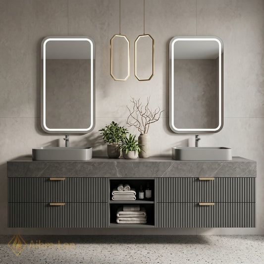 60''-96'' Double Bathroom Vanity with Sink Floating Open-Shelving Basin Gray Stone Slab