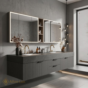 60''-96'' Double Bathroom Vanity with Sink Modern Stone Top Slatted Mirror Storage