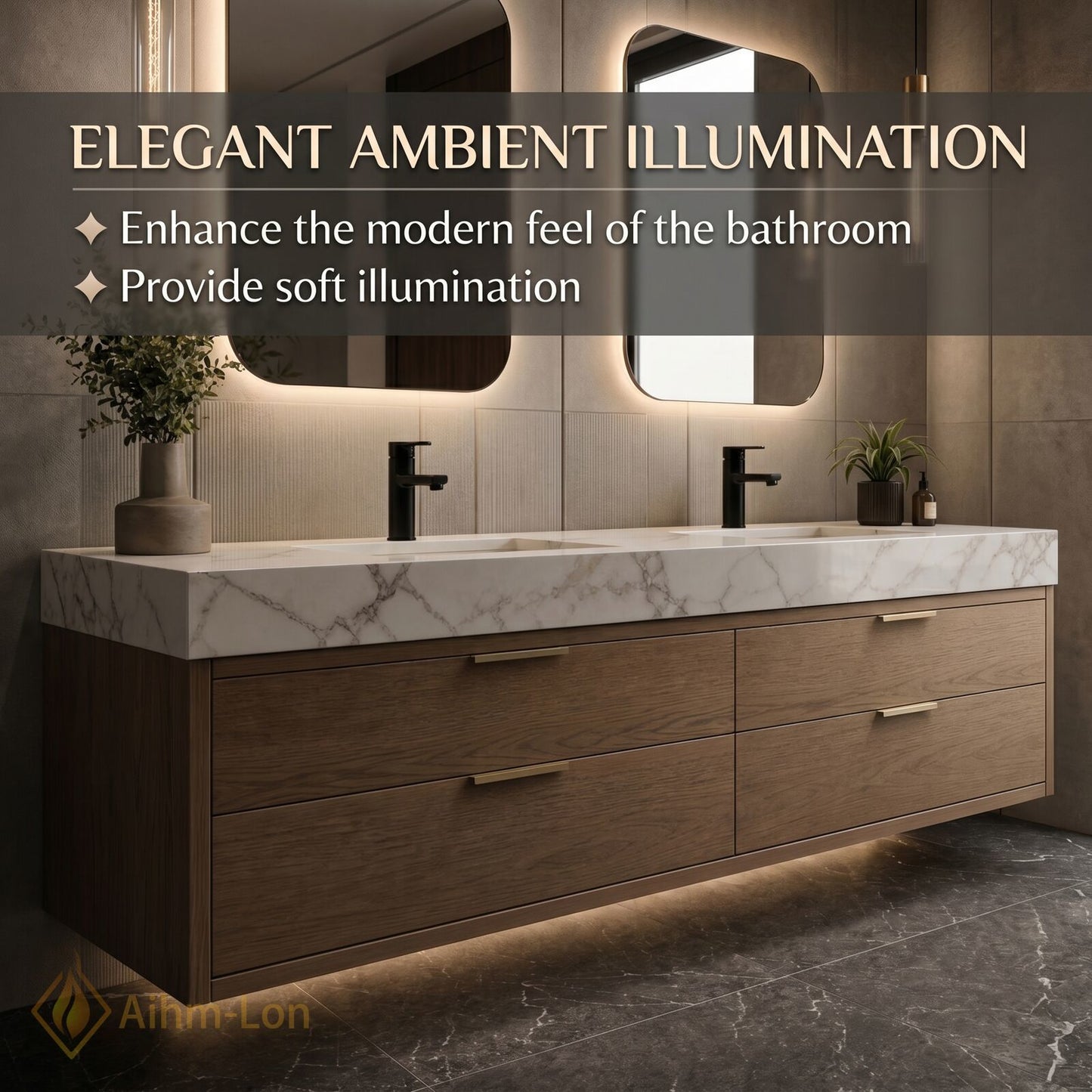 60''-96'' Double Bathroom Vanity with Sink Floating Rectangular Shape White Marble Top