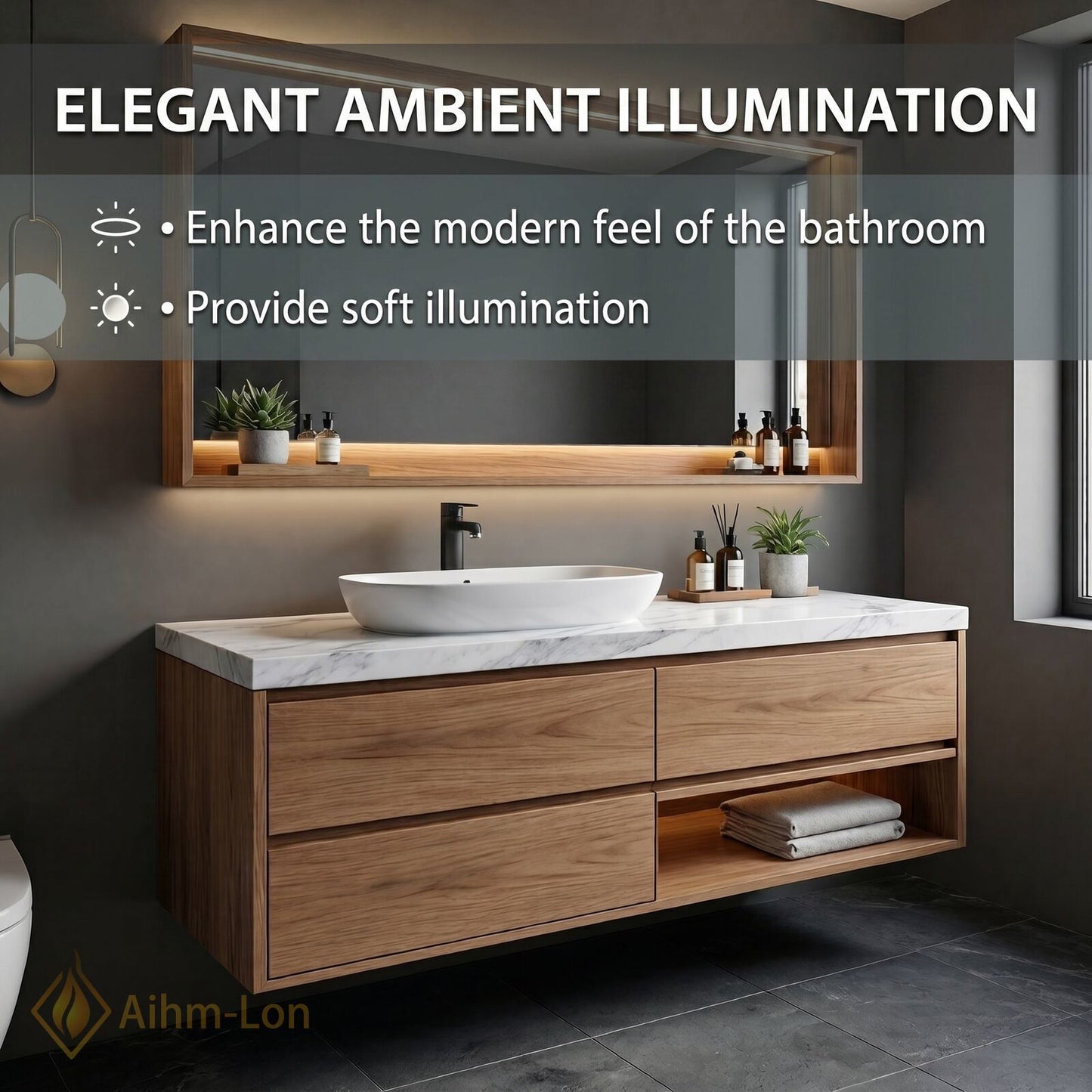 36''-64'' Modern Bathroom Vanity with Sink Floating Wood Grain Marble Illuminated Drawers