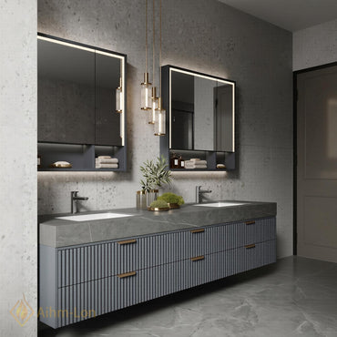 60''-96'' Double Bathroom Vanity with Sink Modern Floating Dark Grey Finish Fluted
