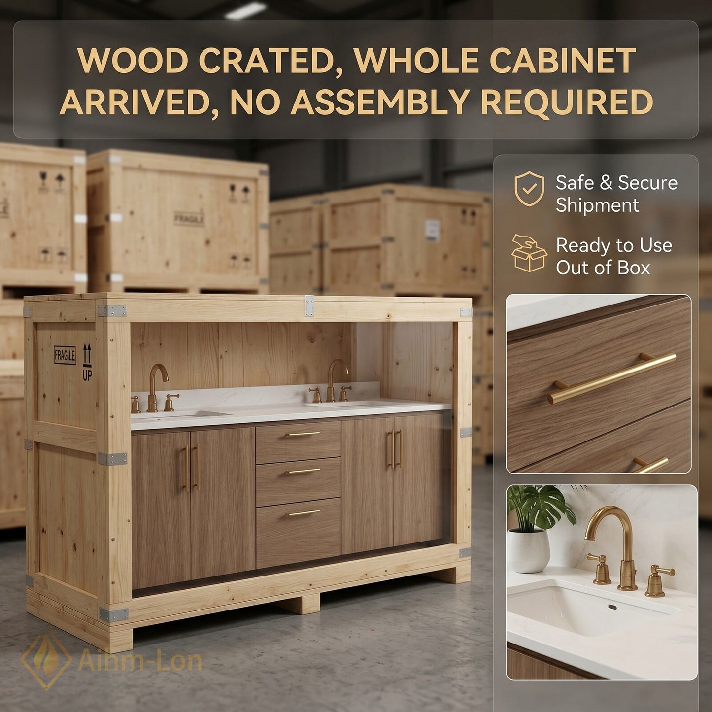 60''-96'' Double Bathroom Vanity with Sink Wide Countertop Wood Grained Finish Drawer