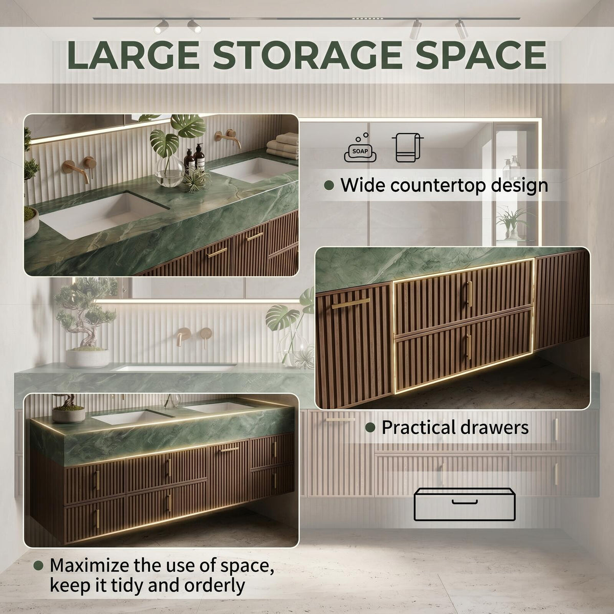 60''-96'' Double Bathroom Vanity with Sink Modern Floating Dark Walnut Ridge-Slatted Front