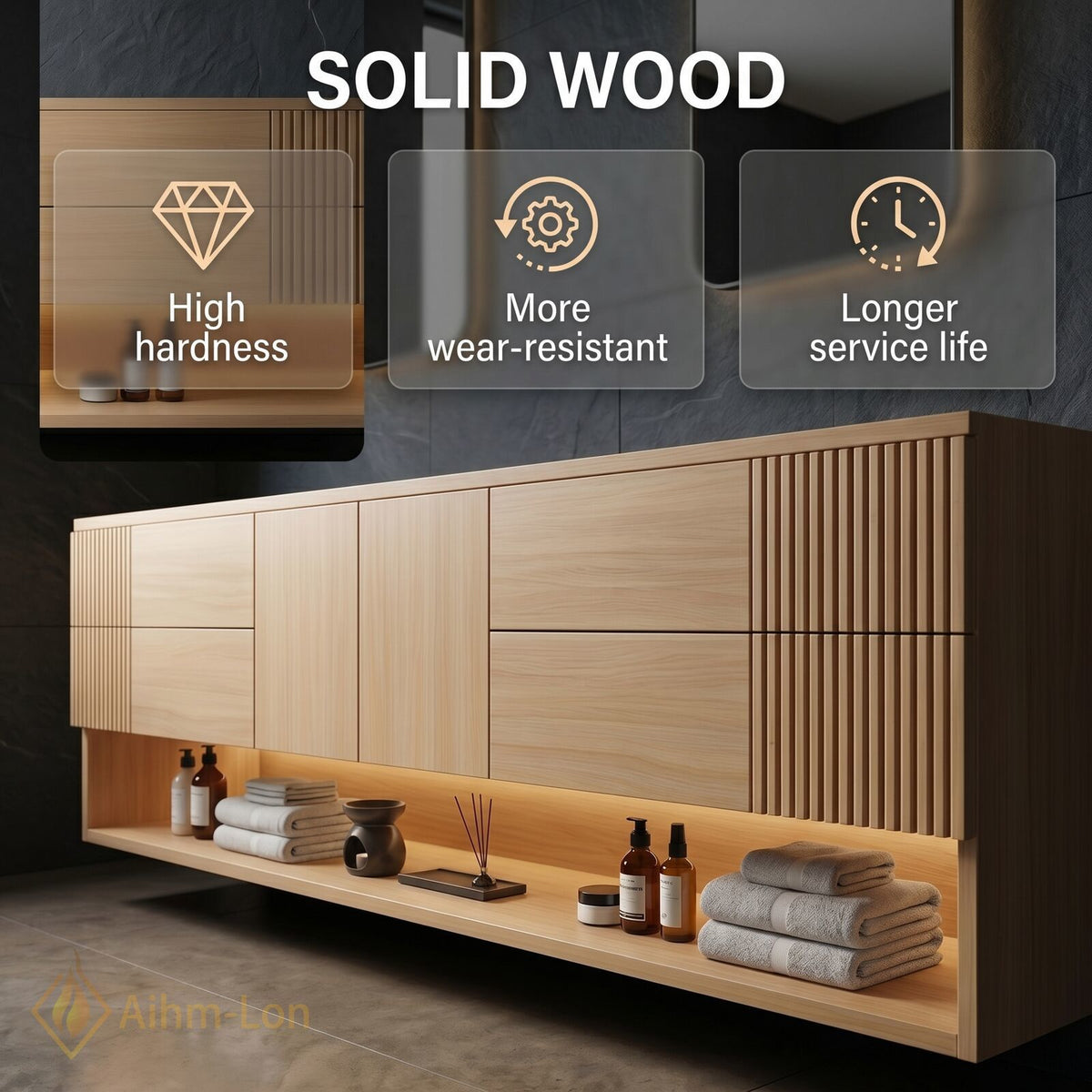 78''-96'' Double Bathroom Vanity with Sink Light Wood Finish Slatted Side Panels