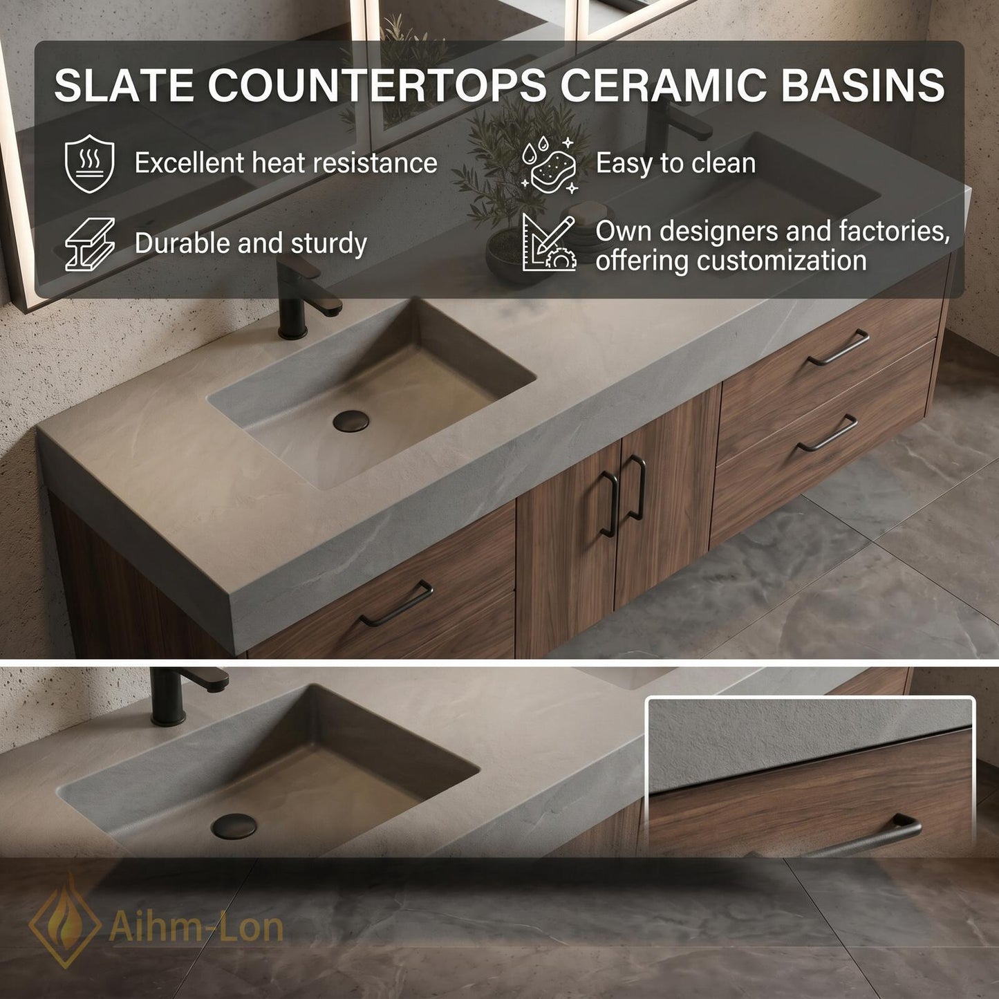 60''-96'' Double Bathroom Vanity with Sink Modern Floating Solid Frame Base Drawers