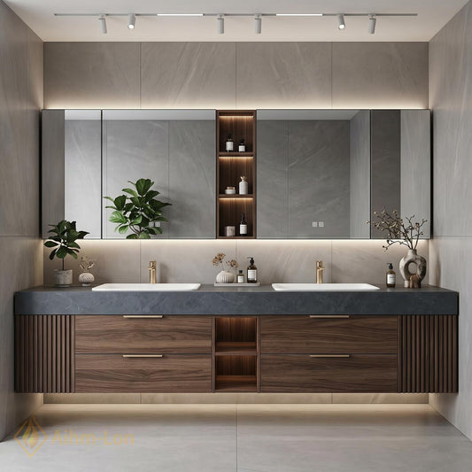 60''-96'' Double Bathroom Vanity with Sink Floating Double Walnut Finish Floating