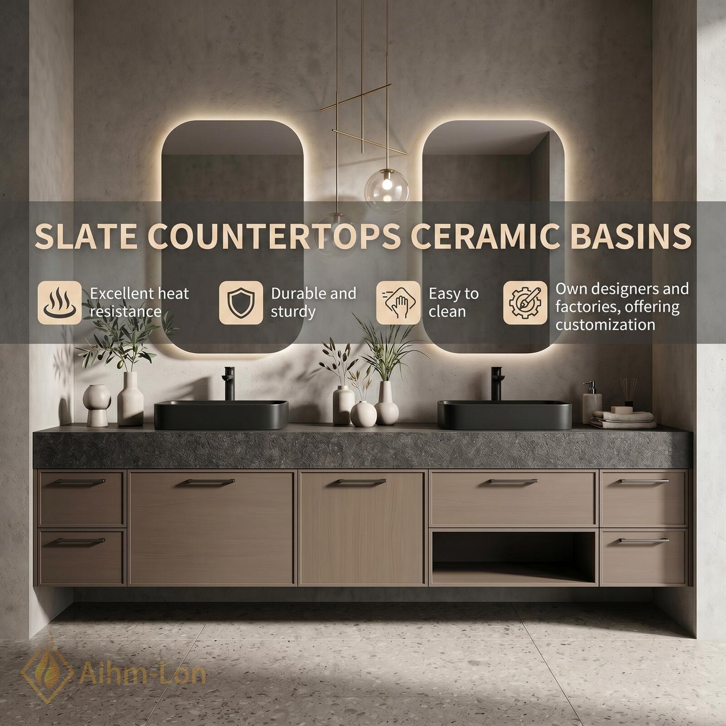 60''-96'' Double Bathroom Vanity with Sink Grey-Wood Modern Floating Grain Storage