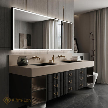 60''-96'' Double Bathroom Vanity with Sink Modern Fluted Drawer Fronts Warm Taupe Countertop