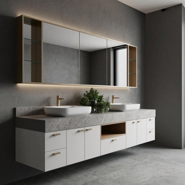 60''-96'' Double Bathroom Vanity with Sink Modern Floating Grey Marble Top White Cabinet