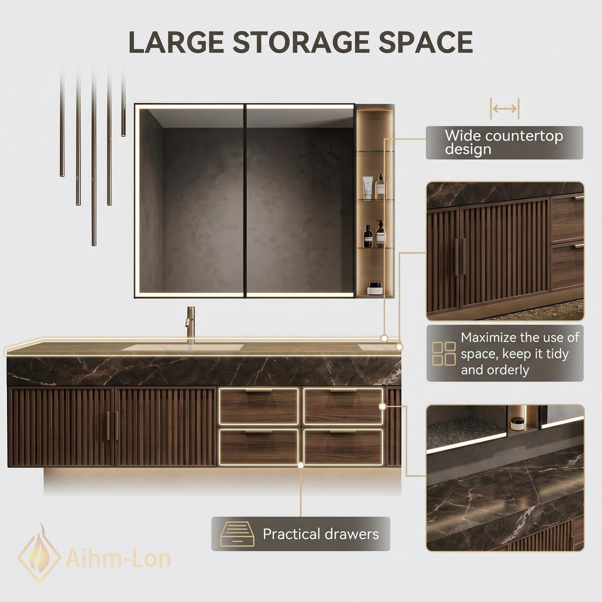 60''-96'' Double Bathroom Vanity with Sink Floating Dark Marble Slatted Center Panel