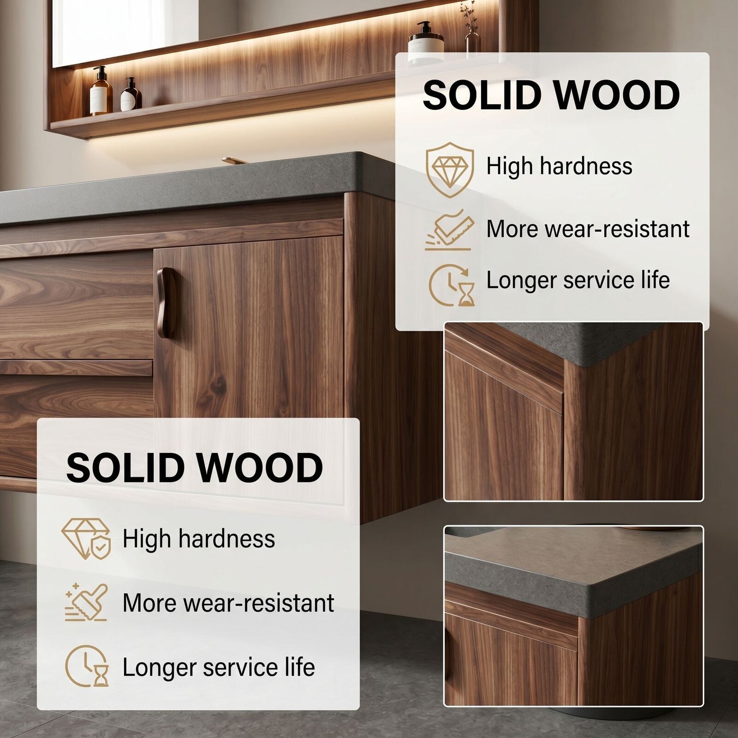 36''-64'' Modern Bathroom Vanity with Sink Floating Grey Stone Walnut Wood Grain Deep Drawers