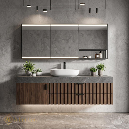 36''-110'' Floating Bathroom Vanity with Sink Slatted Walnut Front Open Shelf