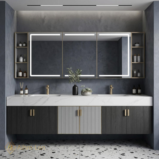 60''-96'' Double Bathroom Vanity with Sink Floating Marble-Effect Top Fluted Center Panels