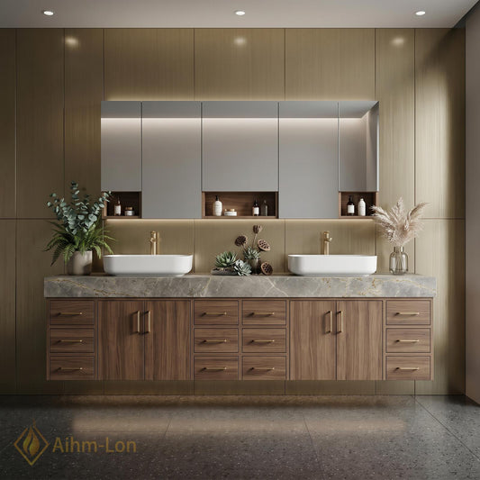 80''-96'' Double Bathroom Vanity with Sink Floating Double Grain Finish Slatted Center