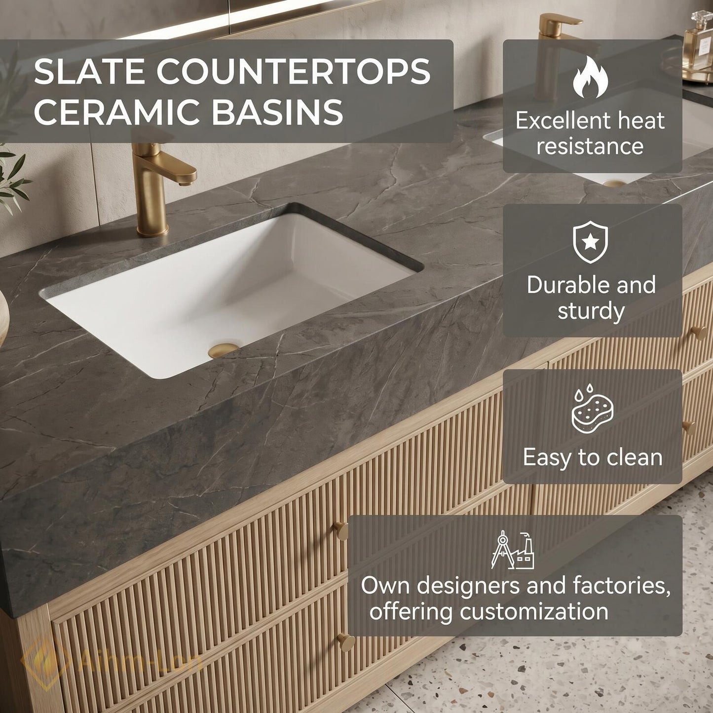 60''-96'' Modern Double Bathroom Vanity with Sink Light Wood Fluted Drawer Fronts