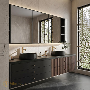 60''-96'' Modern Floating Bathroom Vanity with Sink Dual Slatted Side Panel Storage