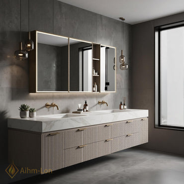 76''-96'' Bathroom Vanity with Sink Vertical Slatted White Marble Slatted Front Double