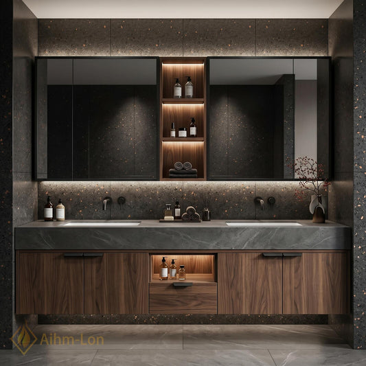 60''-96'' Sleek Bathroom Vanity with Sink Wall-Mounted Dark Wood Grain Open Mirror