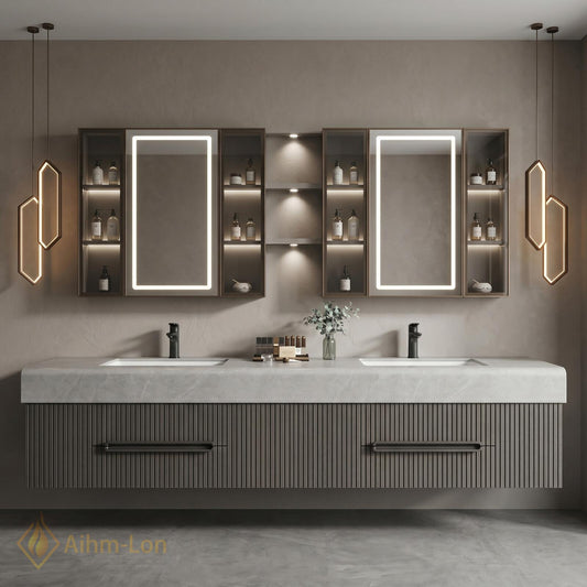 60''-96'' Double Bathroom Vanity with Sink Modern Floating Neutral Gray Finish Slatted
