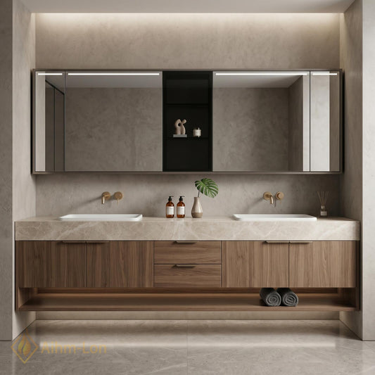 60''-96'' Double Bathroom Vanity with Sink Floating Warm Woodgrain Finish Open Shelf