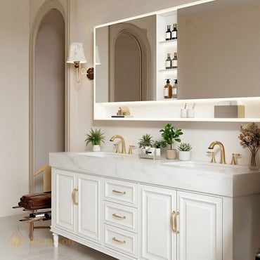 72''-96'' Double Bathroom Vanity with Sink White Shaker Panel Doors Marble Textured