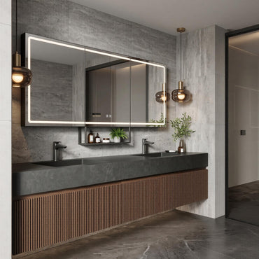 60''-96'' Double Bathroom Vanity with Sink Modern Floating Dark Stone Slatted Front Panel