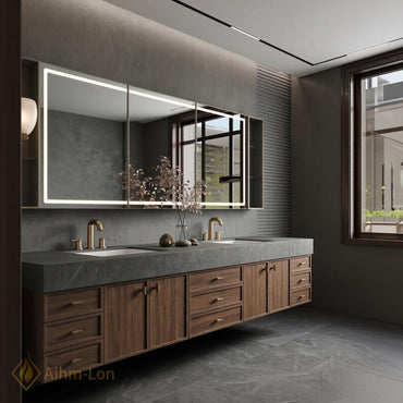 60''-96'' Double Bathroom Vanity with Sink Slatted Panel Finish Marble Top