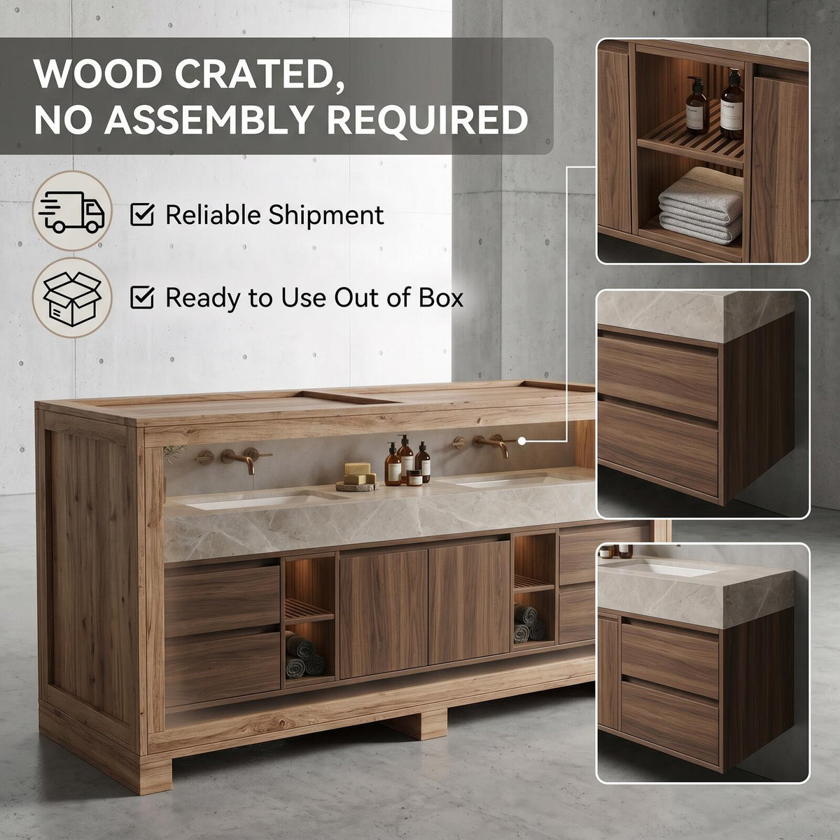 60''-96'' Double Bathroom Vanity with Sink Floating Dark Walnut Slatted Center Open Shelving