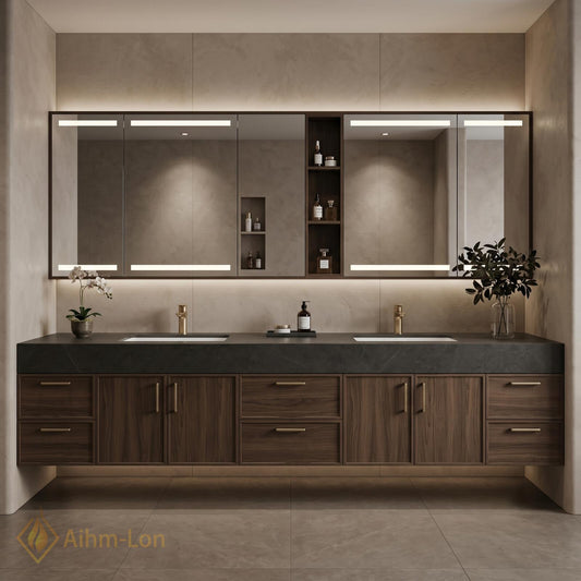 60''-96'' Double Bathroom Vanity with Sink Dark Stone Top Warm Wood-Grain Cabinetry