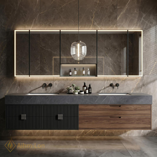 60''-96'' Double Bathroom Vanity with Sink Modern Floating Ribbed Black Doors Warm