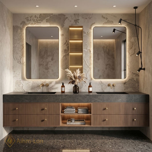 60''-96'' Double Bathroom Vanity with Sink Slatted Wood Warm Finish Open Shelving