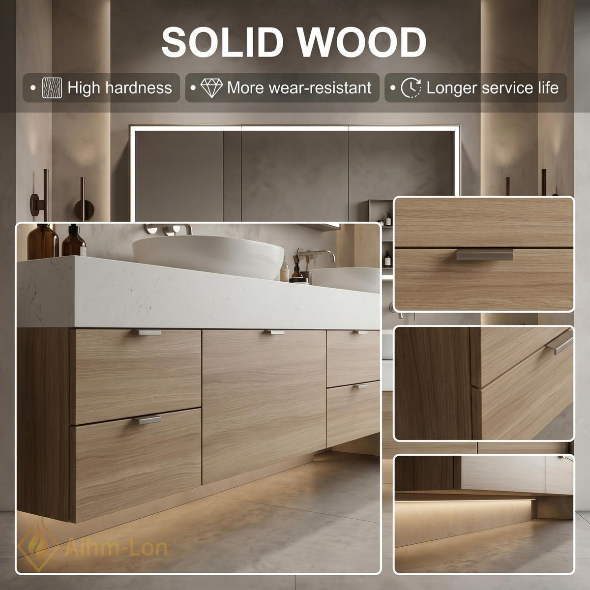 60''-96'' Double Bathroom Vanity with Sink Modern Floating Light Oak Texture Integrated