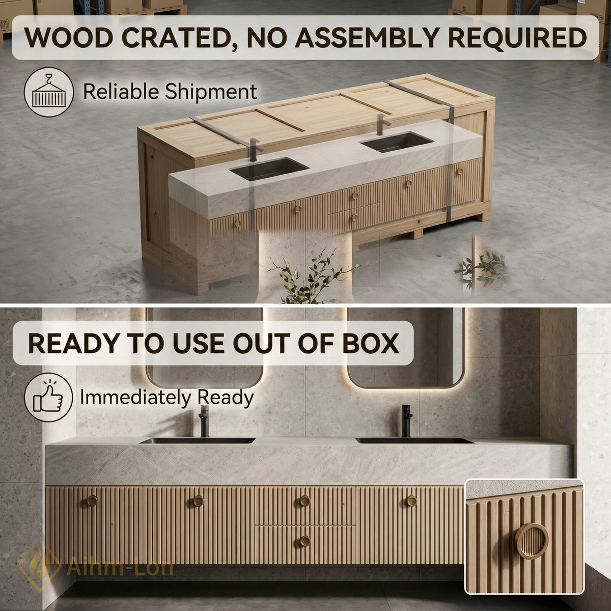 72''-96'' Double Bathroom Vanity with Sink Light Wood Slatted Panels Sleek Design