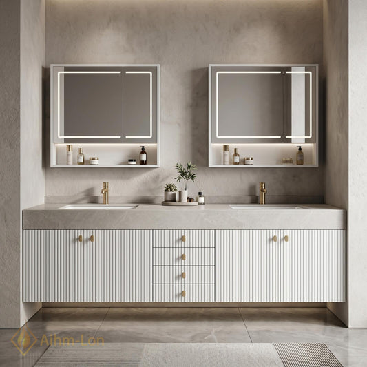 60''-96'' Double Bathroom Vanity with Sink Modern White Ribbed Gold Hardware Center Cabinet
