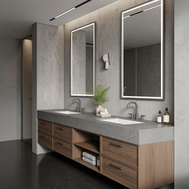 60''-96'' Modern Bathroom Vanity with Sink Double Sink Dark Wood Grain Center Open Shelf