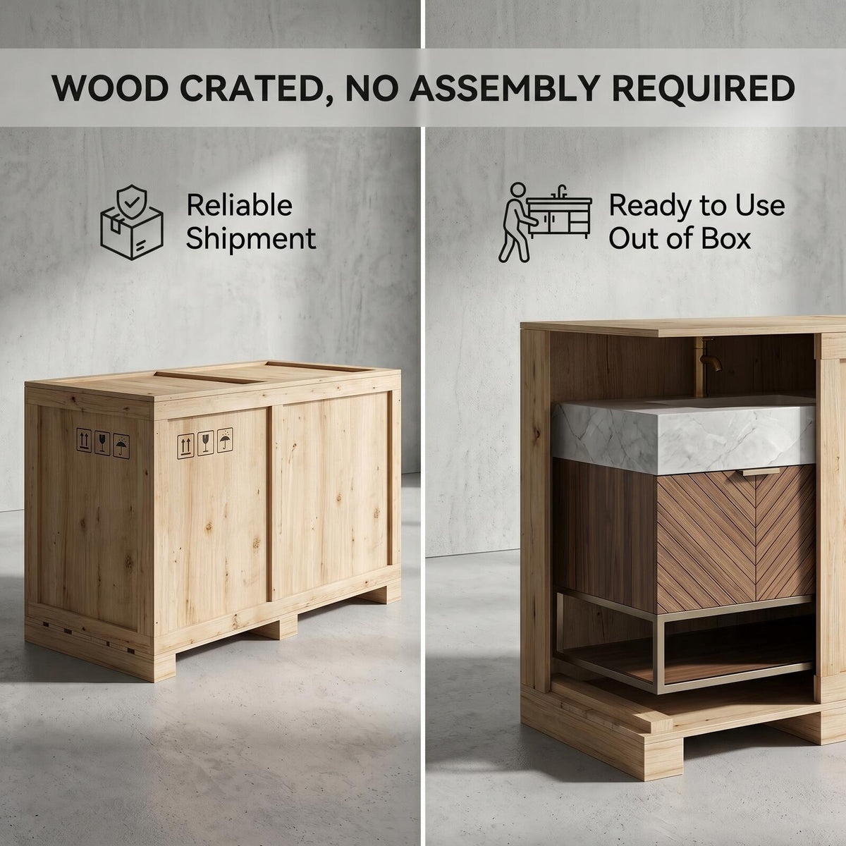 60''-96'' Double Bathroom Vanity with Sink Modern Floating Herringbone Wood Marble Texture