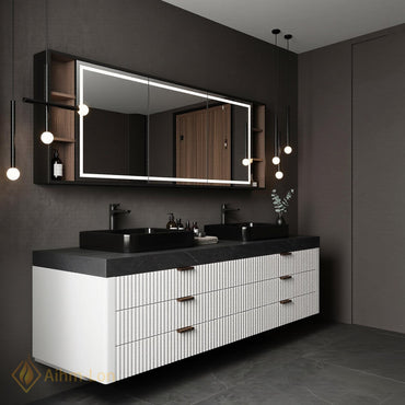 60''-96'' Double Bathroom Vanity with Sink Textured Vertical Drawers Dark Stone Top