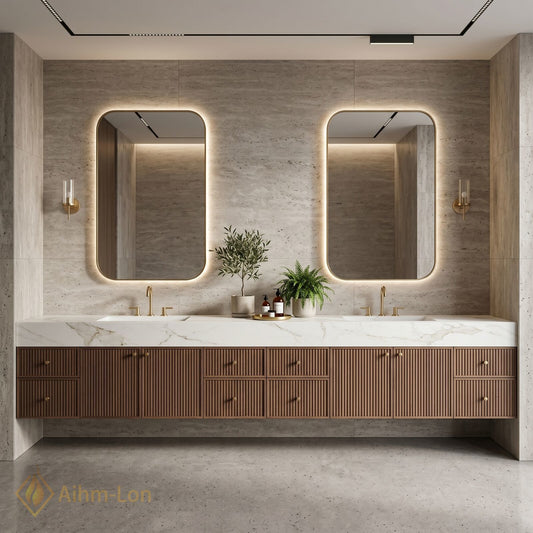 76''-96'' Double Bathroom Vanity with Sink Modern Ridge Panel Wood Texture Illuminated
