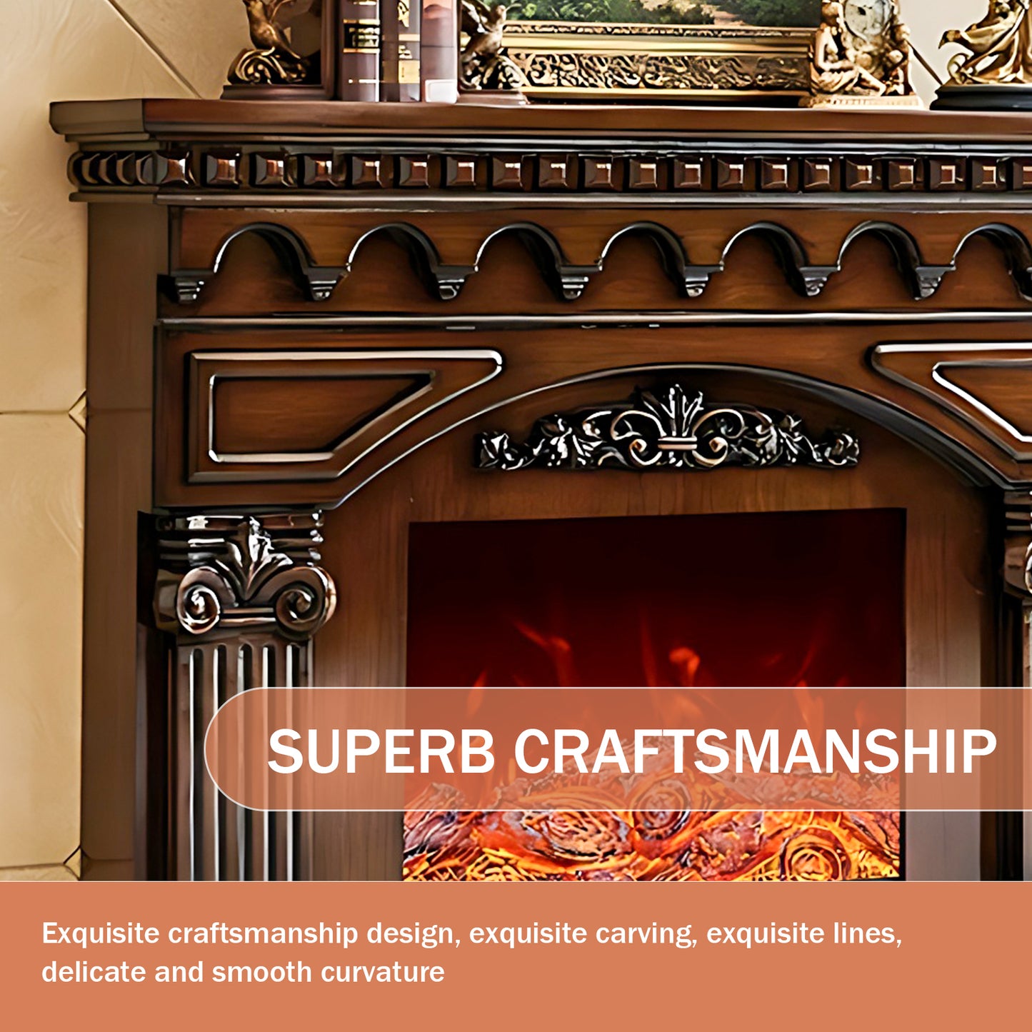 Aihm-Lon Modern Decorative Electric Fireplace Mantel with Gold Design 59.05"