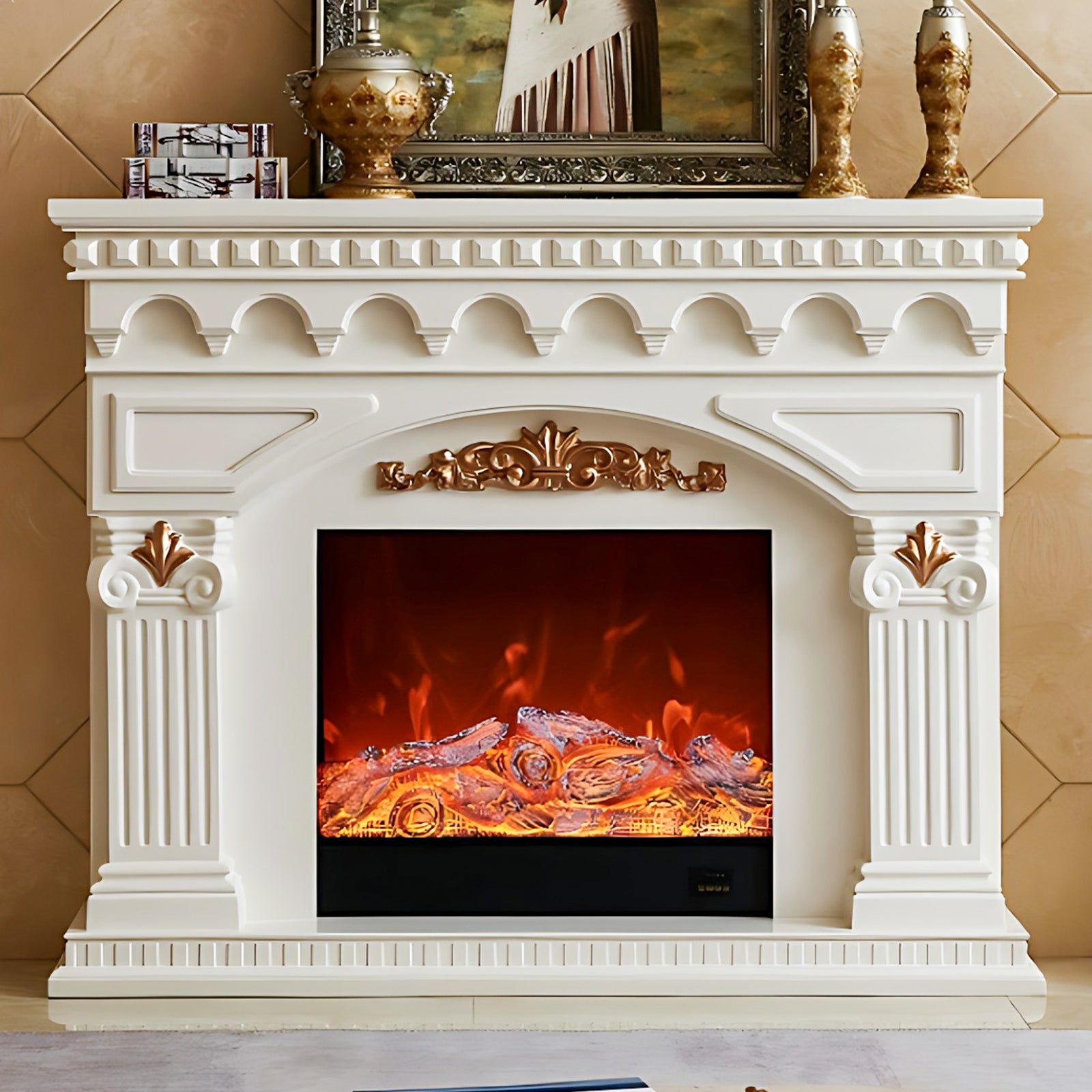 Aihm-Lon Modern Decorative Electric Fireplace Mantel with Gold Design
