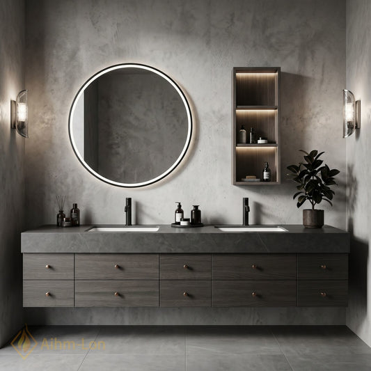 76''-96'' Double Bathroom Vanity with Sink Dark Grey Stone Wood Grain Panels