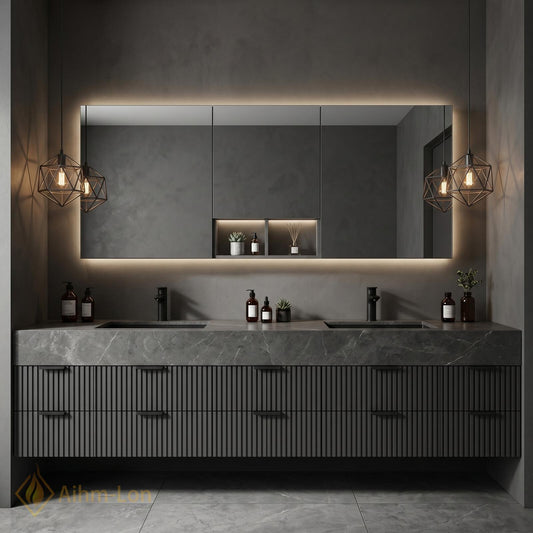 60''-96'' Double Bathroom Vanity with Sink Modern Floating Dark Grey Stone Look