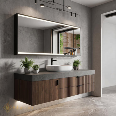36''-110'' Floating Bathroom Vanity with Sink Slatted Walnut Front Open Shelf