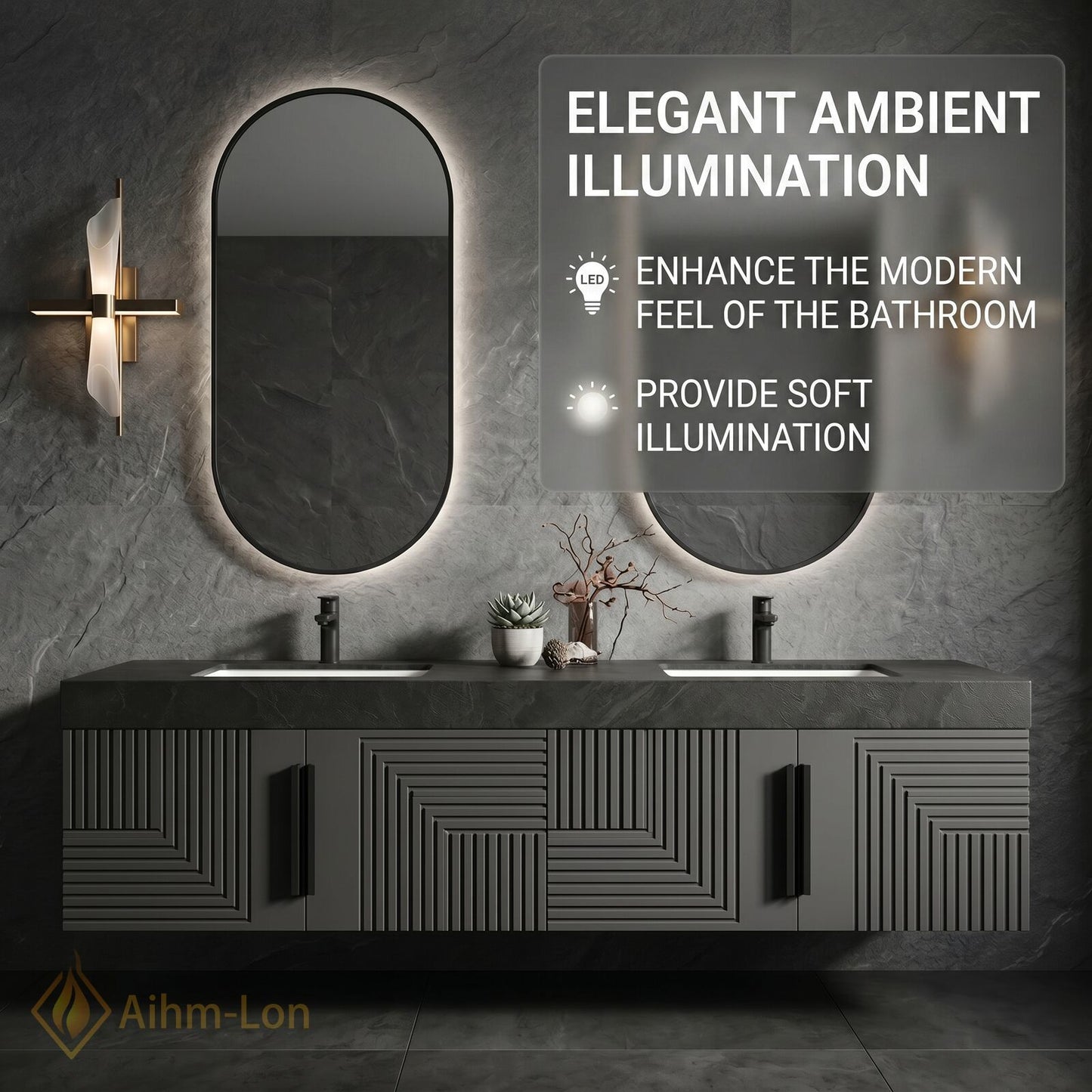 60''-96'' Double Bathroom Vanity with Sink Modern Geometric Panel Doors Dark Stone