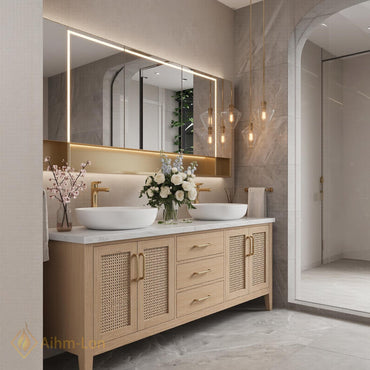 60''-96'' Double Bathroom Vanity with Sink Rattan Fronts Light Oak Frame Storage