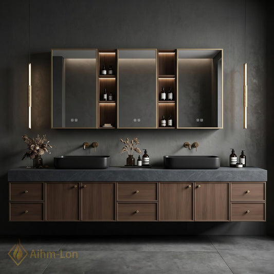 60''-96'' Double Bathroom Vanity with Sink Modern Dark Walnut Finish Mirror Storage