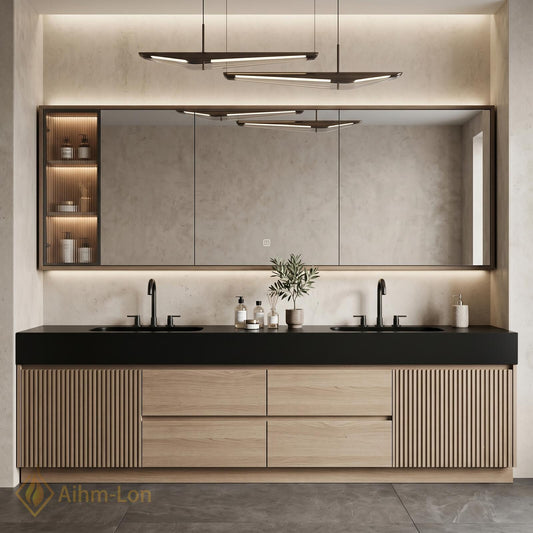 60''-96'' Modern Floating Bathroom Vanity with Sink Black Top Slatted Side Panels