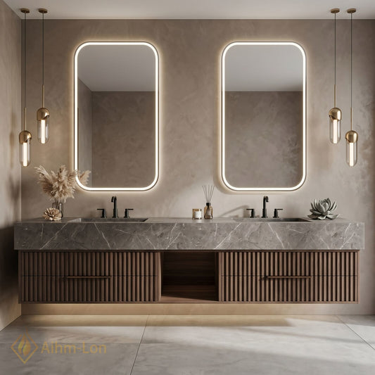 60''-96'' Double Bathroom Vanity with Sink Slate Grey Stone Top Fluted Wood
